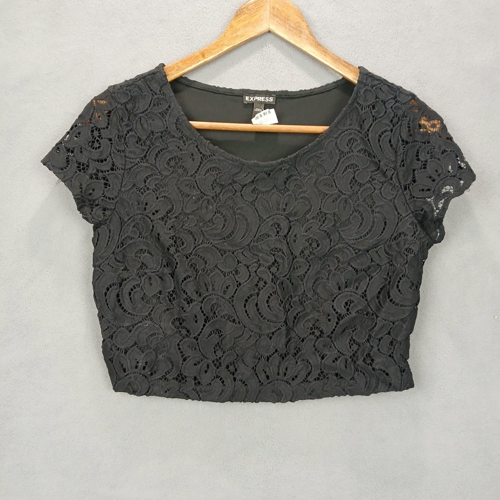 Express Crochet Lace Crop Top Womens Small Black Floral Lined  Cotton Side Zip